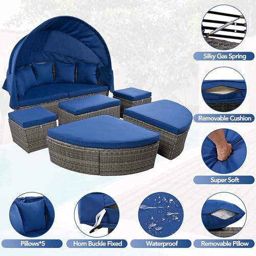 Merax Outdoor Round Daybed with Retractable Canopy and Coffee Table Set