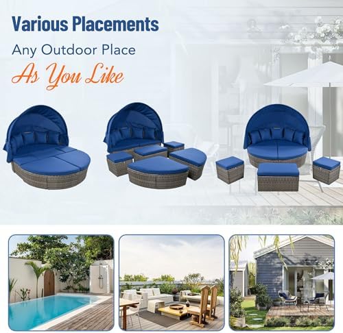 Merax Outdoor Round Daybed with Retractable Canopy and Coffee Table Set