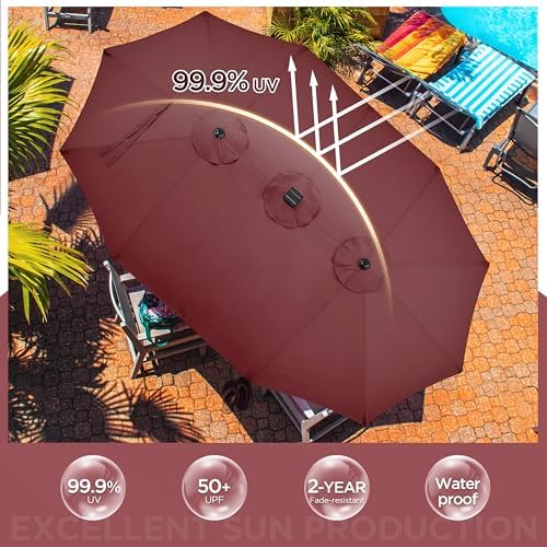 Large Patio Umbrella with Solar Lights Burgundy