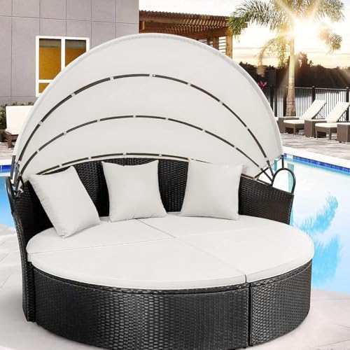 Homall patio daybed with retractable canopy - Beige Wicker Rattan