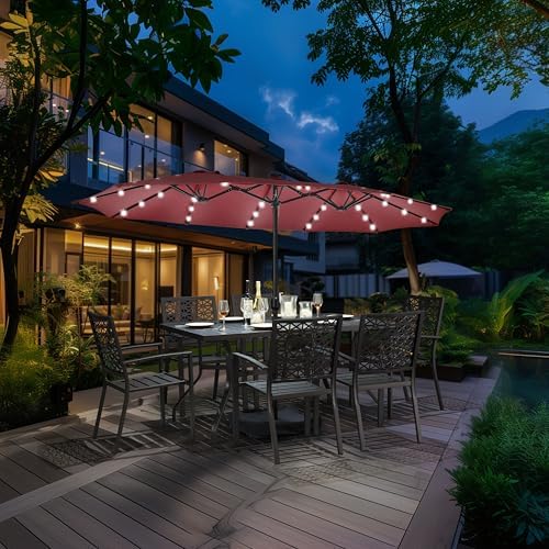 Large Patio Umbrella with Solar Lights Burgundy