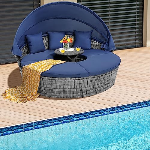 COSTWAY patio daybed set with retractable canopy and wicker furniture