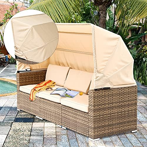 YITAHOME Outdoor Wicker Daybed Set with Canopy and Cushions