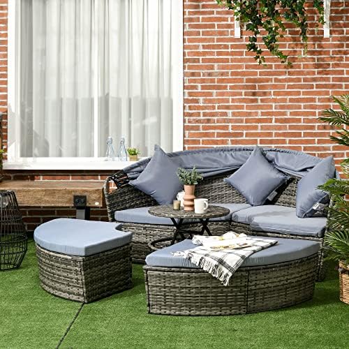 Adjustable Rattan Daybed Set Convertible Lawn Sofa with Retractable Canopy
