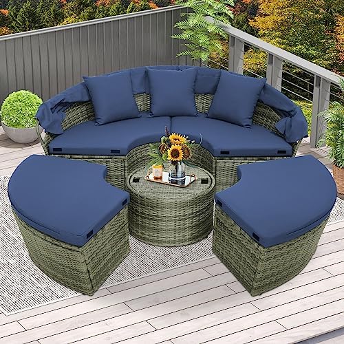 COSTWAY patio daybed set with retractable canopy and wicker furniture