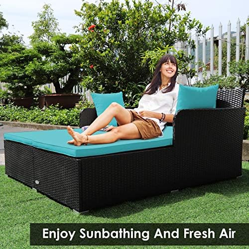 Tangkula Outdoor Rattan Daybed Turquoise